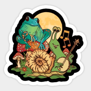 Banjo playing Snail with Frog sitting on Mushroom Sticker